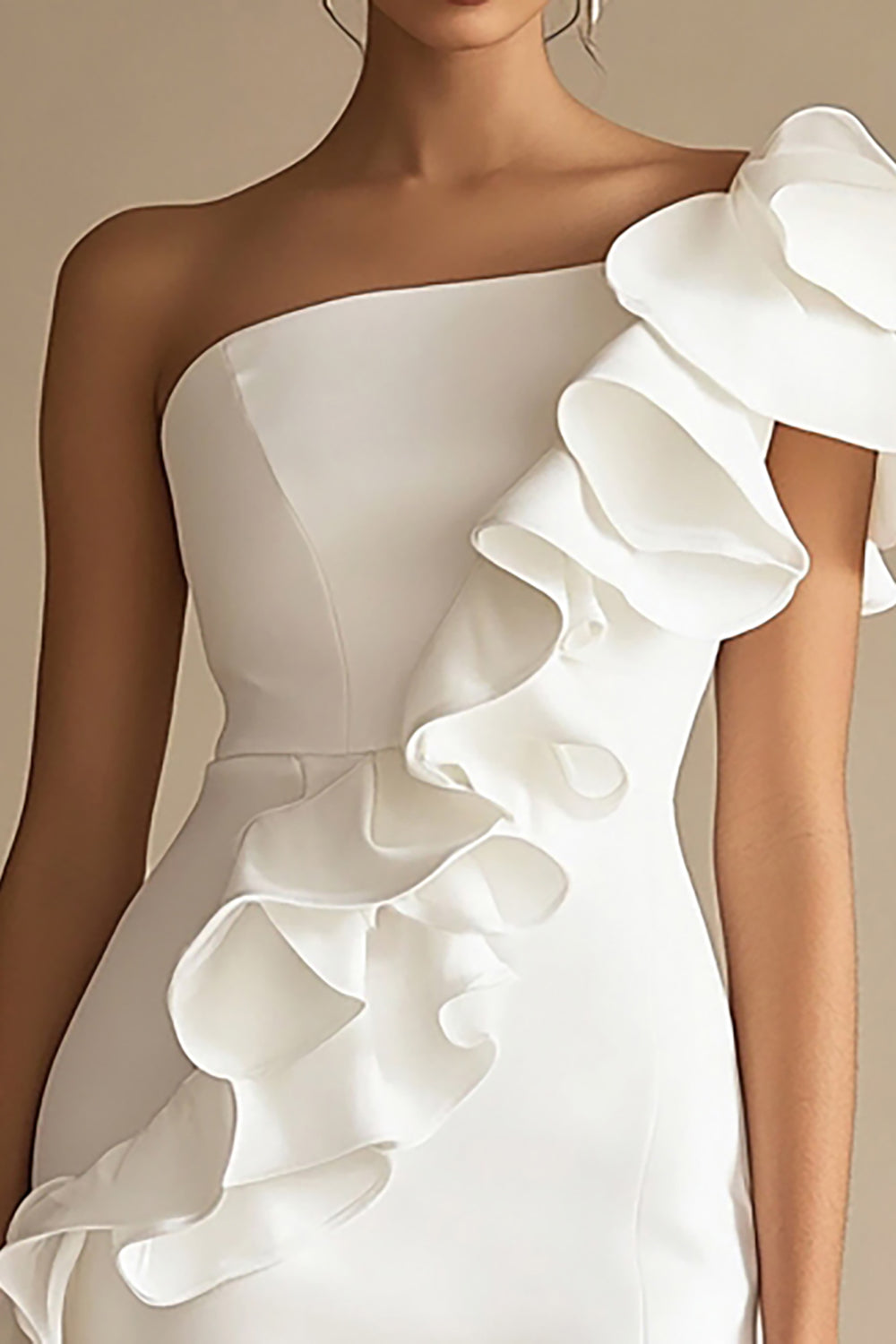 One Shoulder Sheath Bodycon Little White Dress with Ruffles