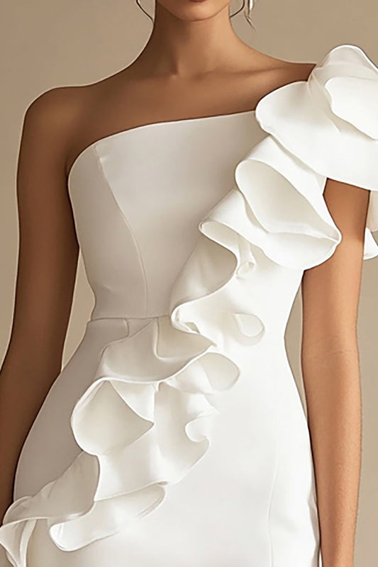 One Shoulder Sheath Bodycon Little White Dress with Ruffles