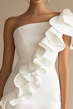 One Shoulder Sheath Bodycon Little White Dress with Ruffles
