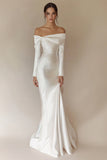 White Satin Off the Shoulder Rehearsal Dinner Dress with Long Sleeves