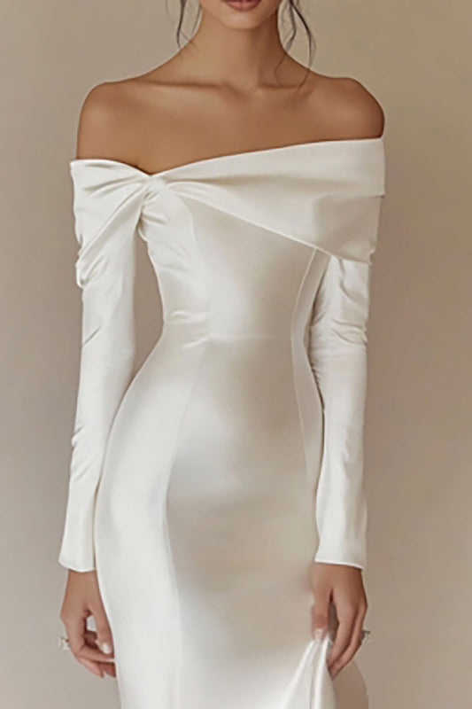 White Satin Off the Shoulder Rehearsal Dinner Dress with Long Sleeves