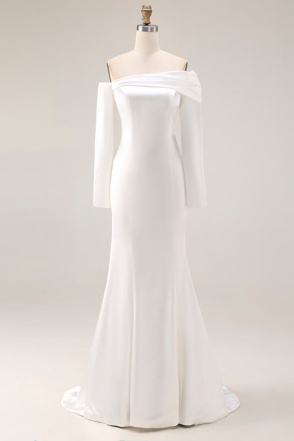 White Satin Off the Shoulder Long Sleeves Rehearsal Dinner Dress