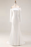 White Satin Off the Shoulder Long Sleeves Rehearsal Dinner Dress