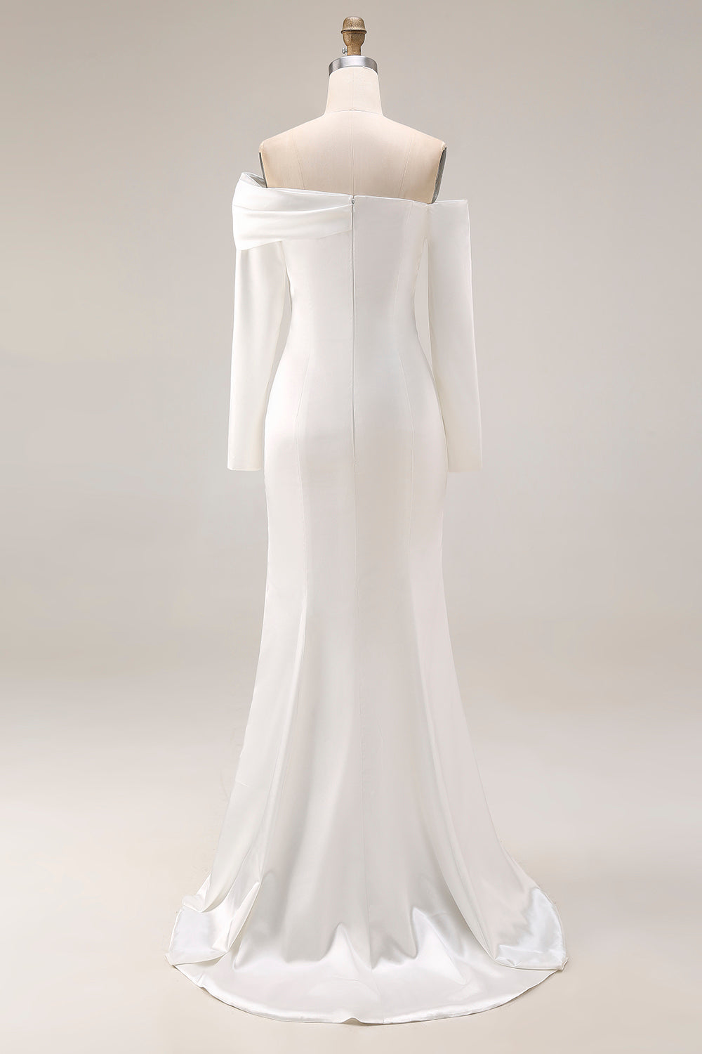 White Satin Off the Shoulder Long Sleeves Rehearsal Dinner Dress