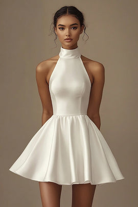 ZAPAKASA Women A Line Satin Mini Little White Dress Sleeveless Pleated