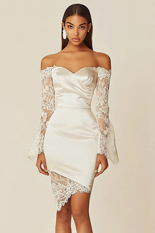 Satin Sheath Off the Shoulder Short Little White Dress with Lace