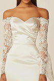 Satin Sheath Off the Shoulder Short Little White Dress with Lace