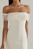 White Square Neck Satin Bodycon Graduation Dress with Fringes
