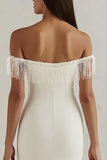 White Square Neck Satin Bodycon Graduation Dress with Fringes