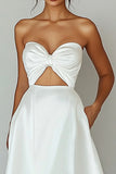 White A Line Satin Keyhole Asymmetrical Graduation Dress