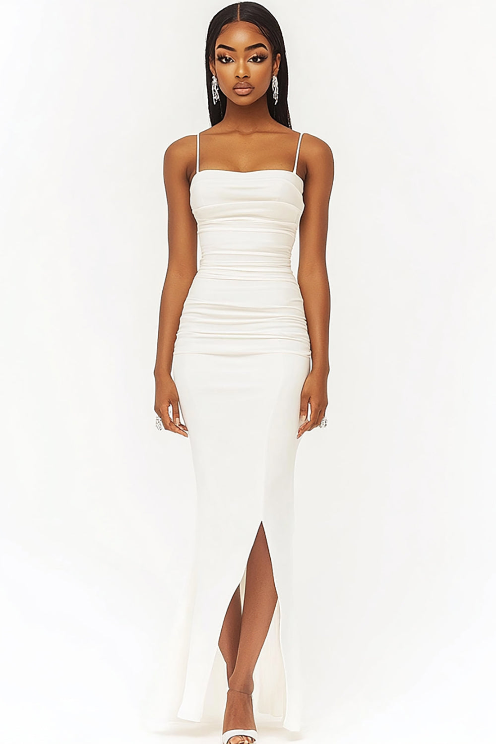 White Satin Mermaid Square Neck Long Graduation Dress with Slit Ruched Spaghetti Straps Engagement Dress