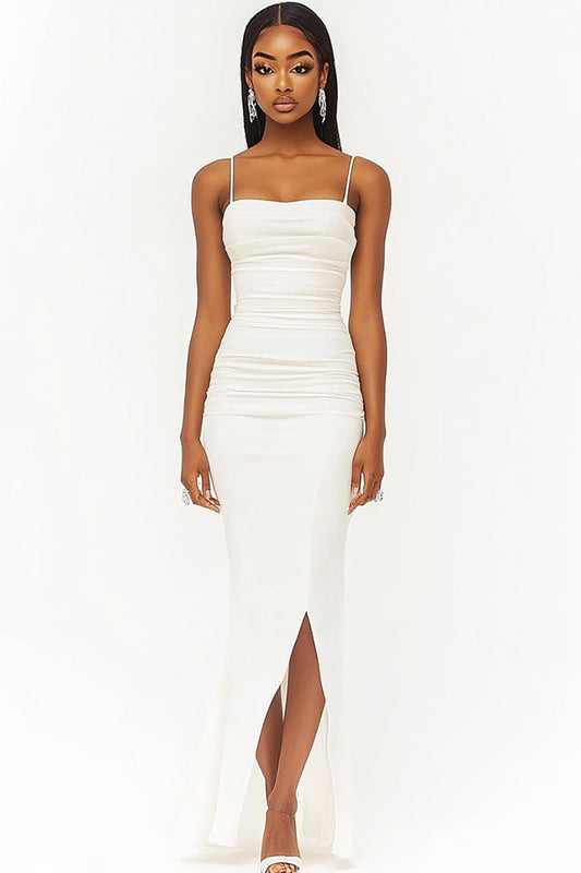White Satin Mermaid Square Neck Long Graduation Dress with Slit Ruched Spaghetti Straps Engagement Dress