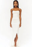 White Satin Mermaid Square Neck Long Graduation Dress with Slit Ruched Spaghetti Straps Engagement Dress
