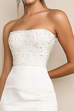 White Satin Strapless Bodycon Graduation Dress with Beading