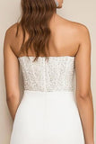 White Satin Strapless Bodycon Graduation Dress with Beading