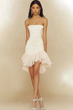 White Bodycon Strapless Satin Graduation Dress with Ruffles