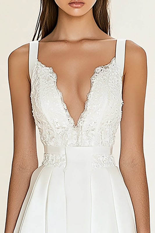 White Satin Deep V-Neck A Line Graduation Dress with Lace