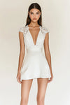 White Satin Deep V-Neck Mini Graduation Dress with Cap Sleeves