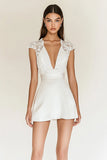 White Satin Deep V-Neck Mini Graduation Dress with Cap Sleeves