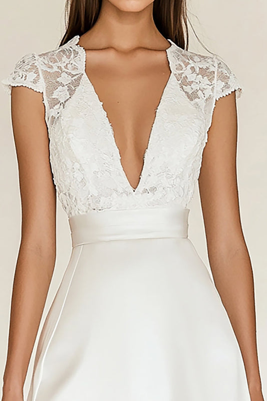 White Satin Deep V-Neck Mini Graduation Dress with Cap Sleeves