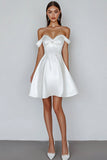 A Line White Satin Off the Shoulder Short Graduation Dress