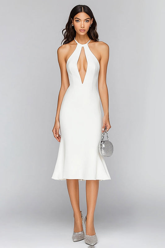 Mermaid White Satin Keyhole Mid-Calf Graduation Dress