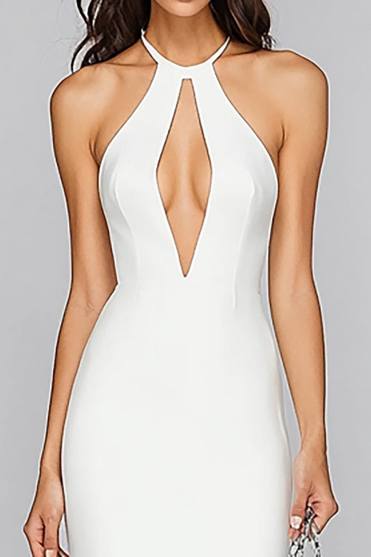 Mermaid White Satin Keyhole Mid-Calf Graduation Dress