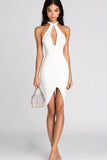 White Satin Bodycon Asymmetrical Keyhole Graduation Dress