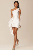 White Bodycon One Shoulder Short Graduation Dress with Ruffles