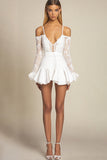 White Cold Shoulder Mini Graduation Dress with Lace Sleeves