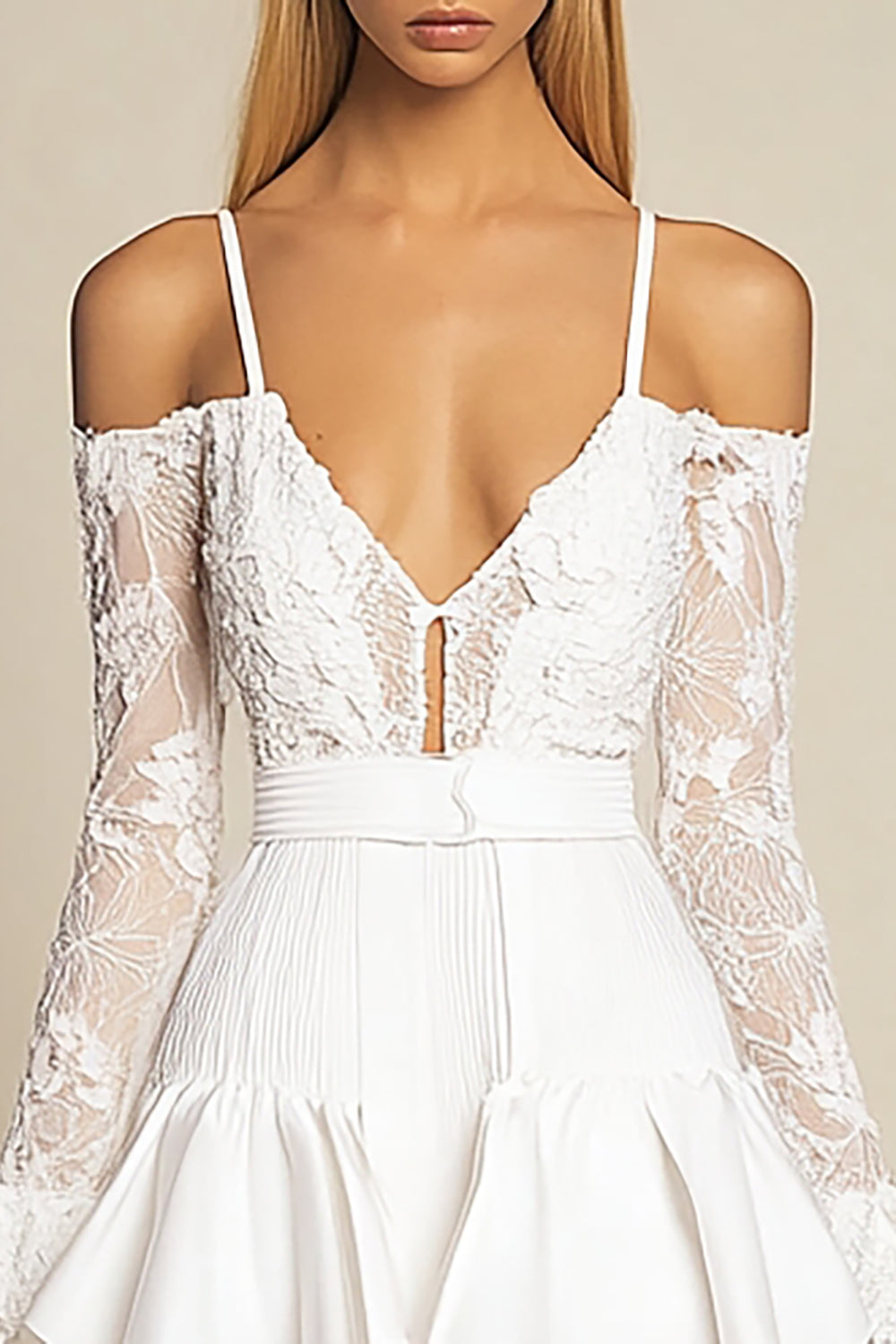 White Cold Shoulder Mini Graduation Dress with Lace Sleeves