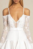 White Cold Shoulder Mini Graduation Dress with Lace Sleeves