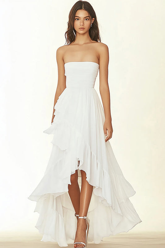 White A Line Chiffon High Low Graduation Dress with Ruffles