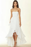 White A Line Chiffon High Low Graduation Dress with Ruffles