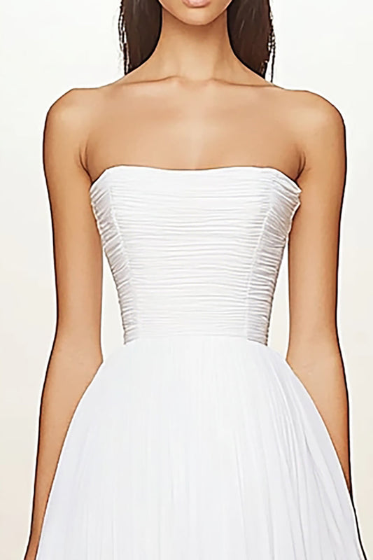 White A Line Strapless Chiffon High Low Graduation Dress with Ruffles