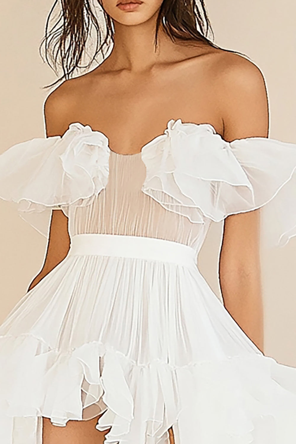 White A Line Off the Shoulder Tulle Graduation Dress with Rufflies