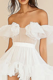 White A Line Off the Shoulder Tulle Graduation Dress with Rufflies