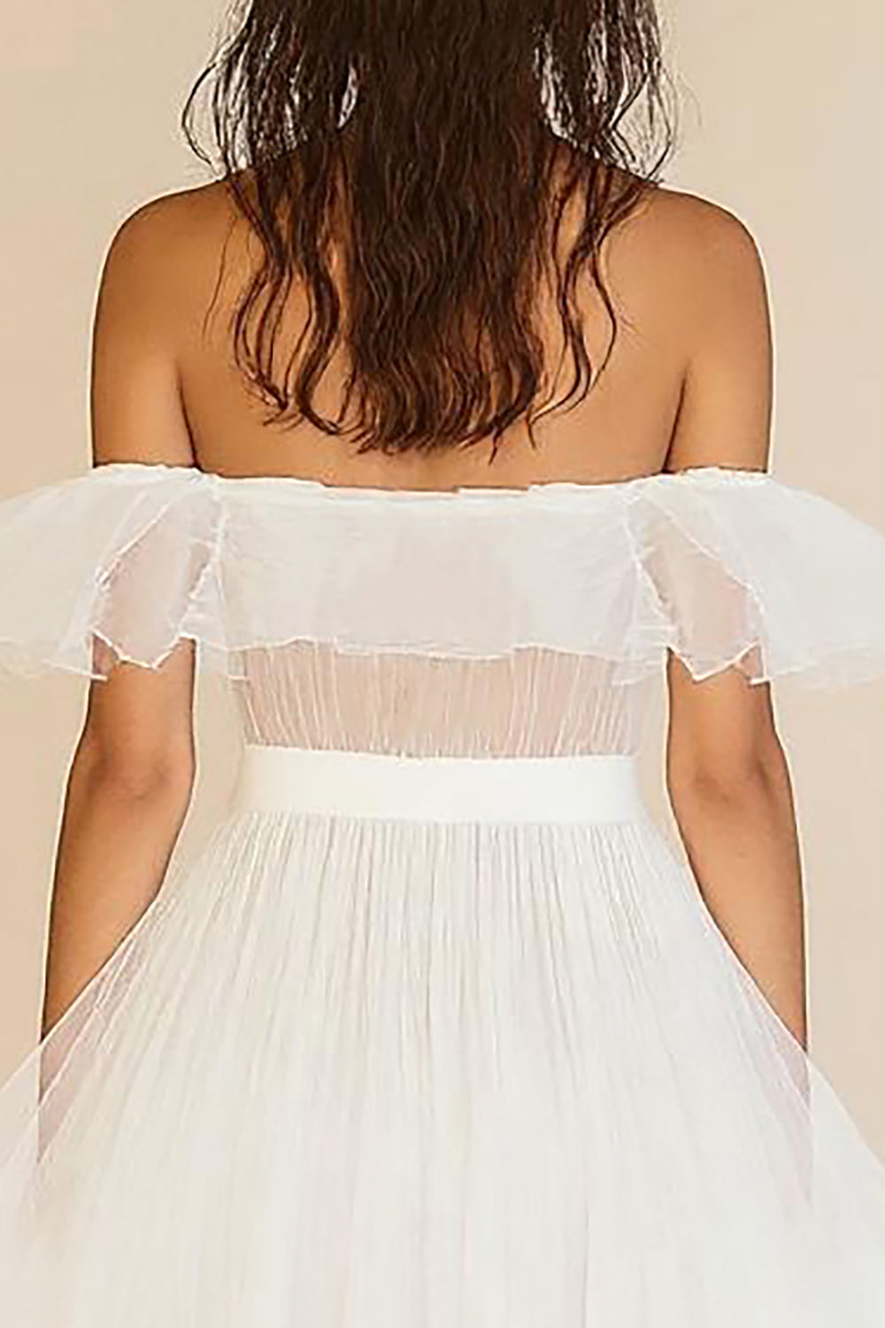 White A Line Off the Shoulder Tulle Graduation Dress with Rufflies