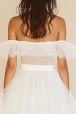 White A Line Off the Shoulder Tulle Graduation Dress with Rufflies