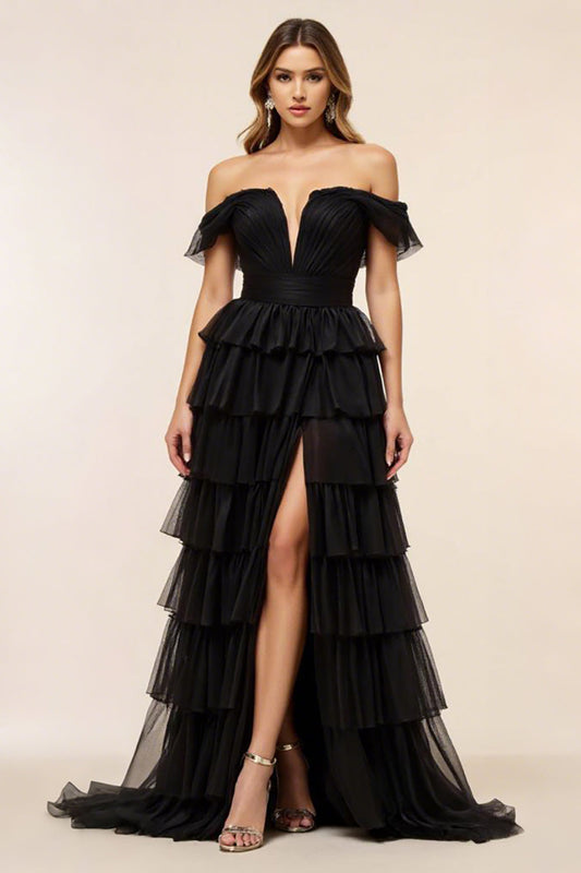 Chiffon A Line Off the Shoulder Long Black Tie Dress with Slit