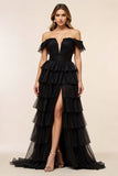 Chiffon A Line Off the Shoulder Long Black Tie Dress with Slit