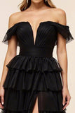 Chiffon A Line Off the Shoulder Long Black Tie Dress with Slit