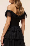 Chiffon A Line Off the Shoulder Long Black Tie Dress with Slit