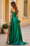 A Line Dark Green Satin Off the Shoulder Long Prom Dress with Slit