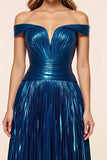 Peacock Blue A Line Satin Glitter Off the Shoulder Long Prom Dress