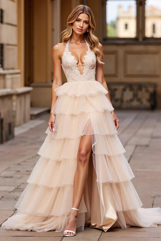 Pink Tulle A Line V-Neck Long Prom Dress with Lace