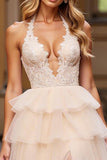 Pink Tulle A Line V-Neck Long Prom Dress with Lace