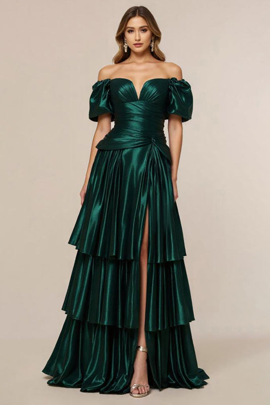 Dark Green A Line Off the Shoulder Long Prom Dress with Slit