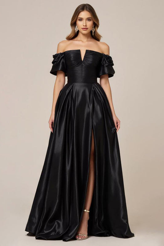 A Line Satin Off the Shoulder Long Black Tie Dress with Slit