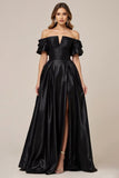 A Line Satin Off the Shoulder Long Black Tie Dress with Slit